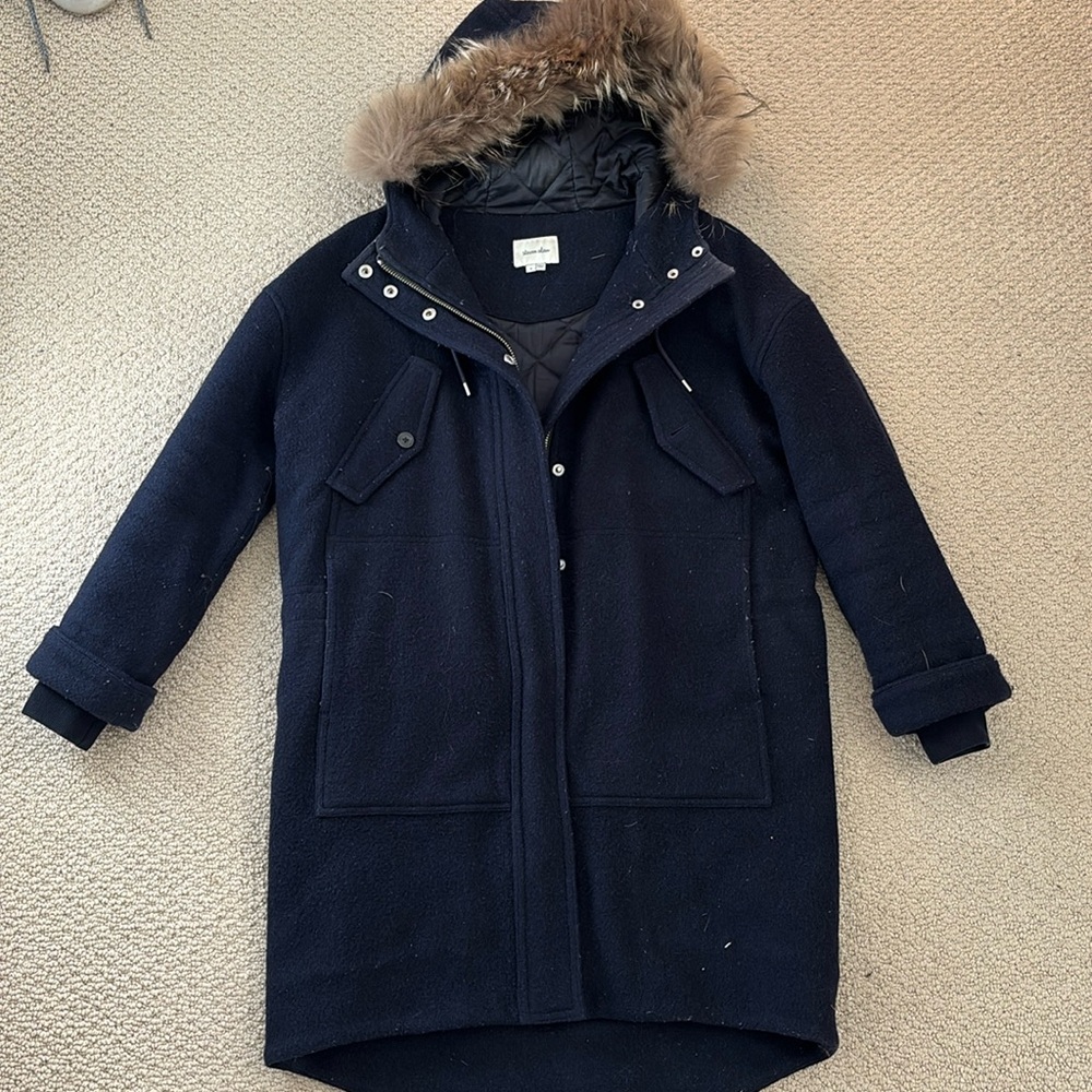 Steven Alan Navy Wool Coat with Real Fur Trim, S